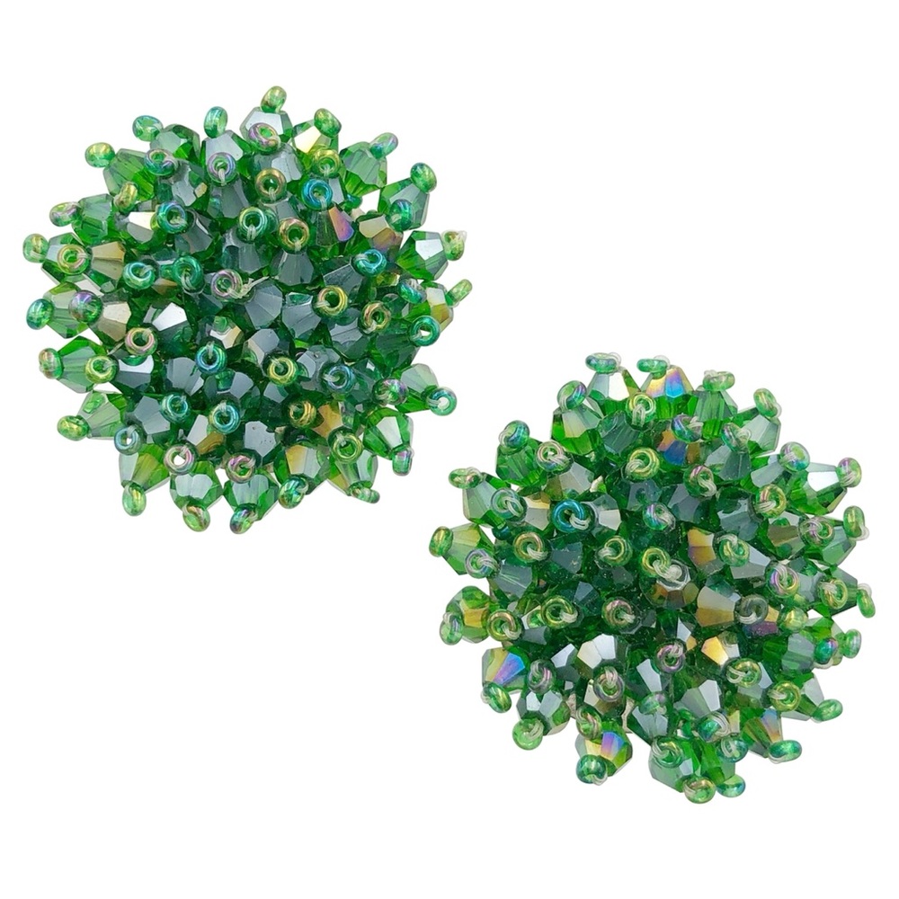 Green Glass Beaded Burst Large Statement Handmade Stud Earrings